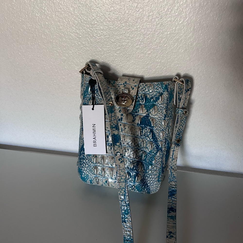Brahmin Textured Blue and White Crossbody Bag